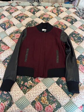 D—Womens Burgundy Bomber Jacket with Black Leather Sleeves